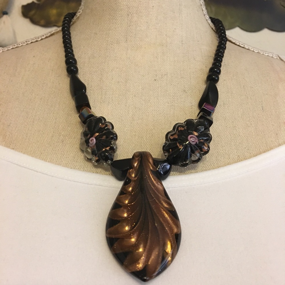Handmade blown glass pendant beaded necklace